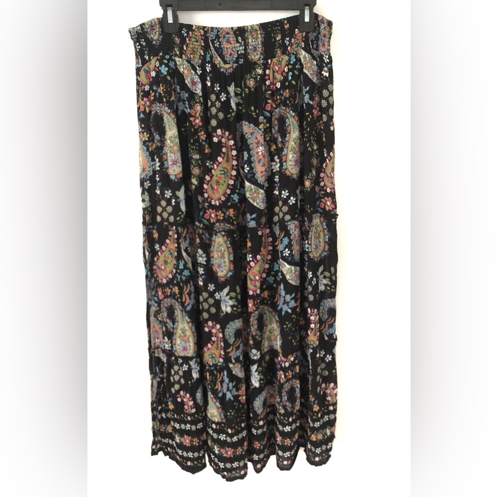 Bila Maxi Skirt Pull On Dark Floral Paisley Festival Boho Stretchy Side Slits XL